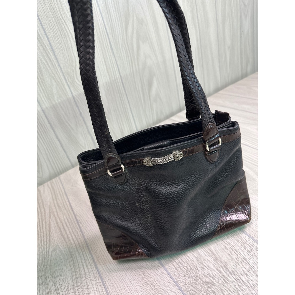 Brighton Black Pebbled Leather Croc Trim Braided Strap Shoulder Bag